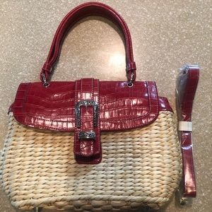 Brighton straw handbag with shoulder strap. Red leather. Excellent condition.